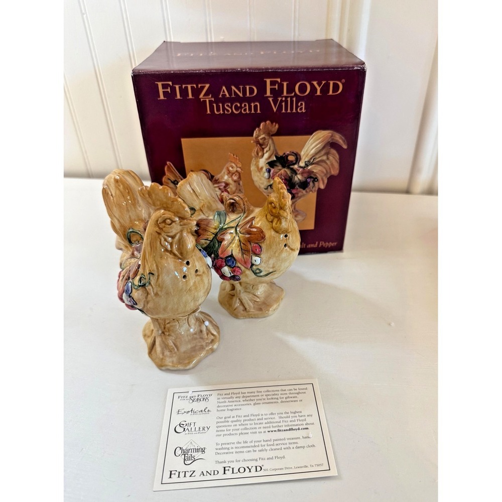 Fitz And Floyd Tuscan Villa Rooster Salt Pepper Shakers Set‎ Ceramic Brown